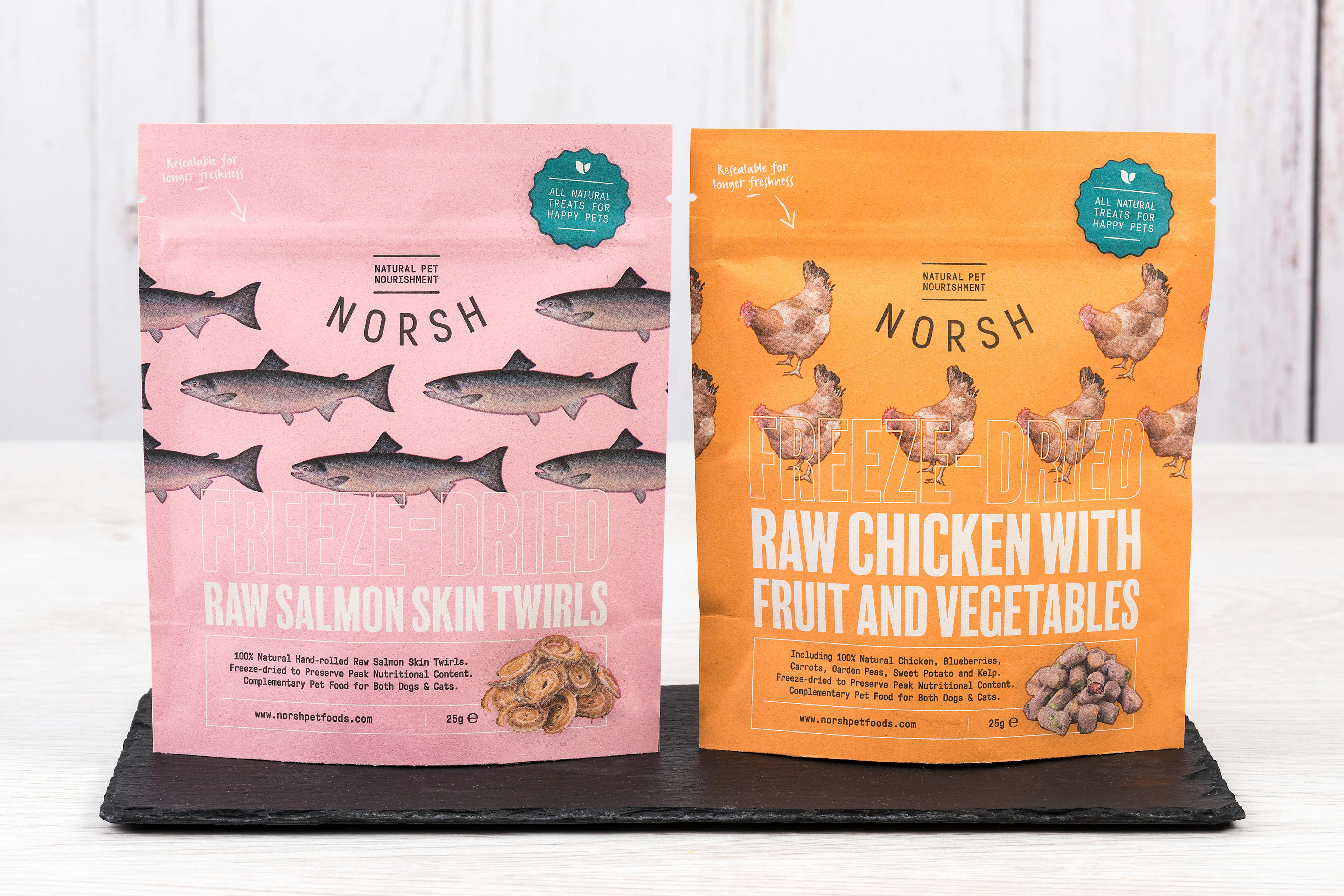 NORSH Freeze-dried dog treats pouches.