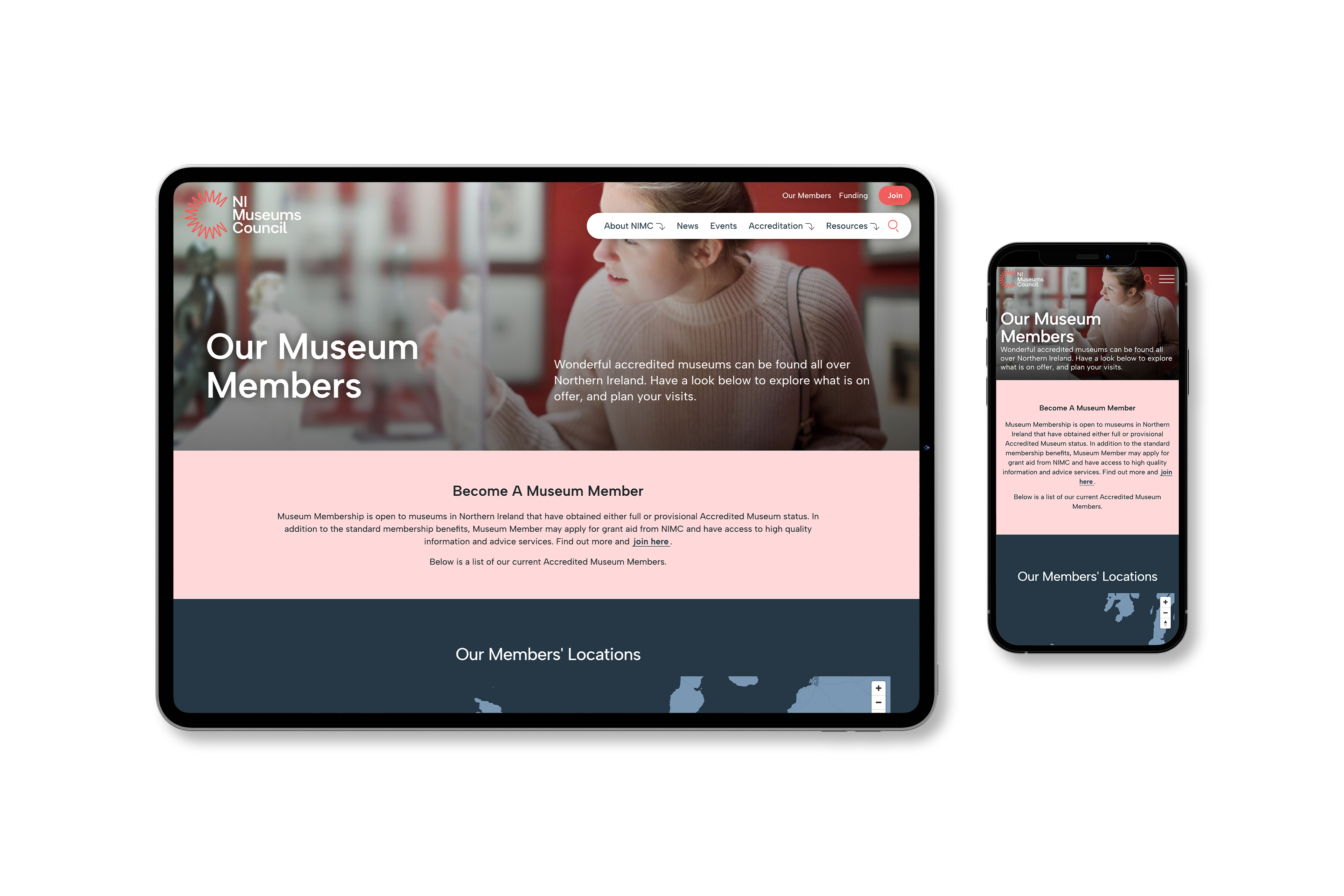iPad and iPhone on white background, showing a page from the NI Museums Council website.