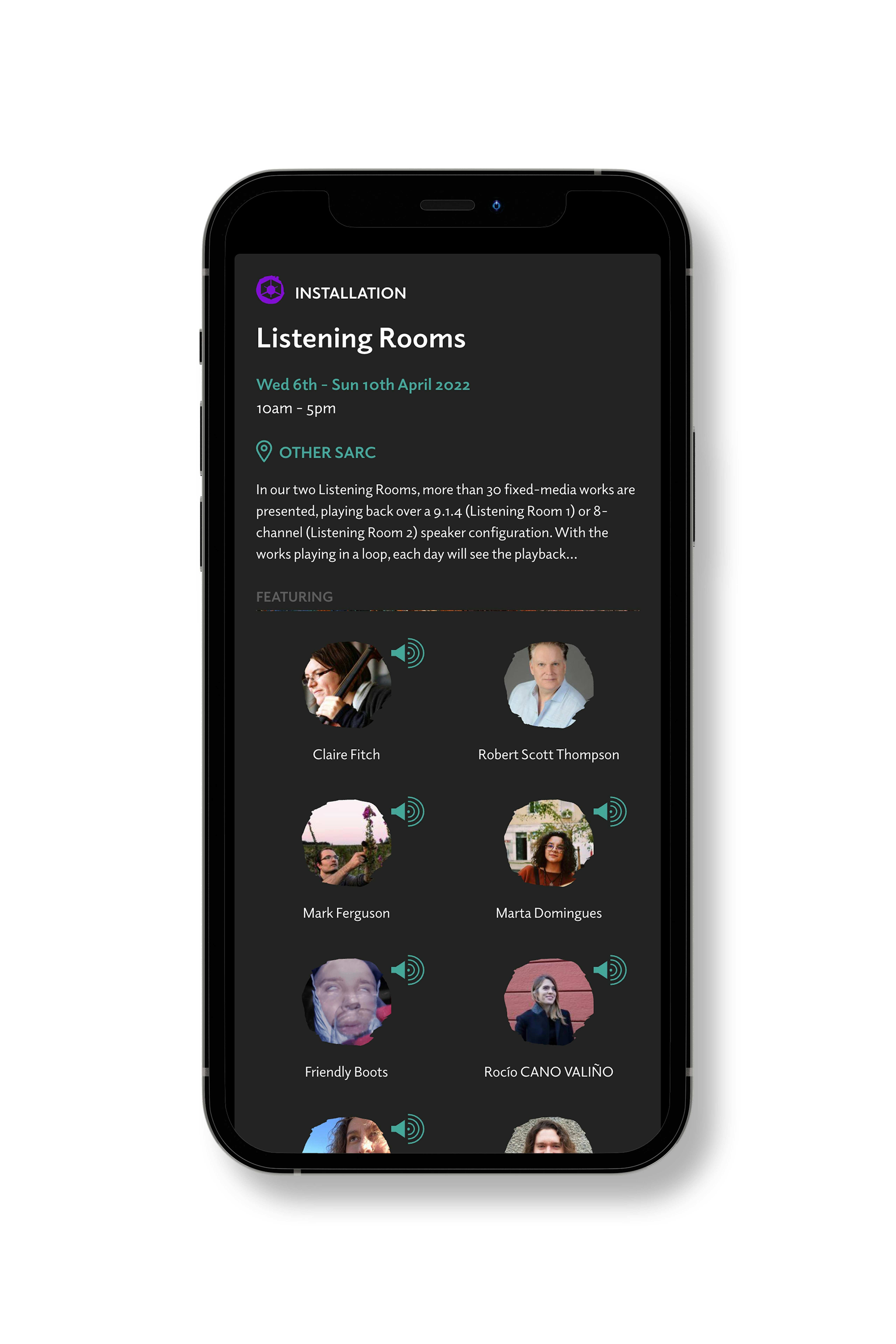 iPhone showing an artists listing from the Sonorities 2022 website