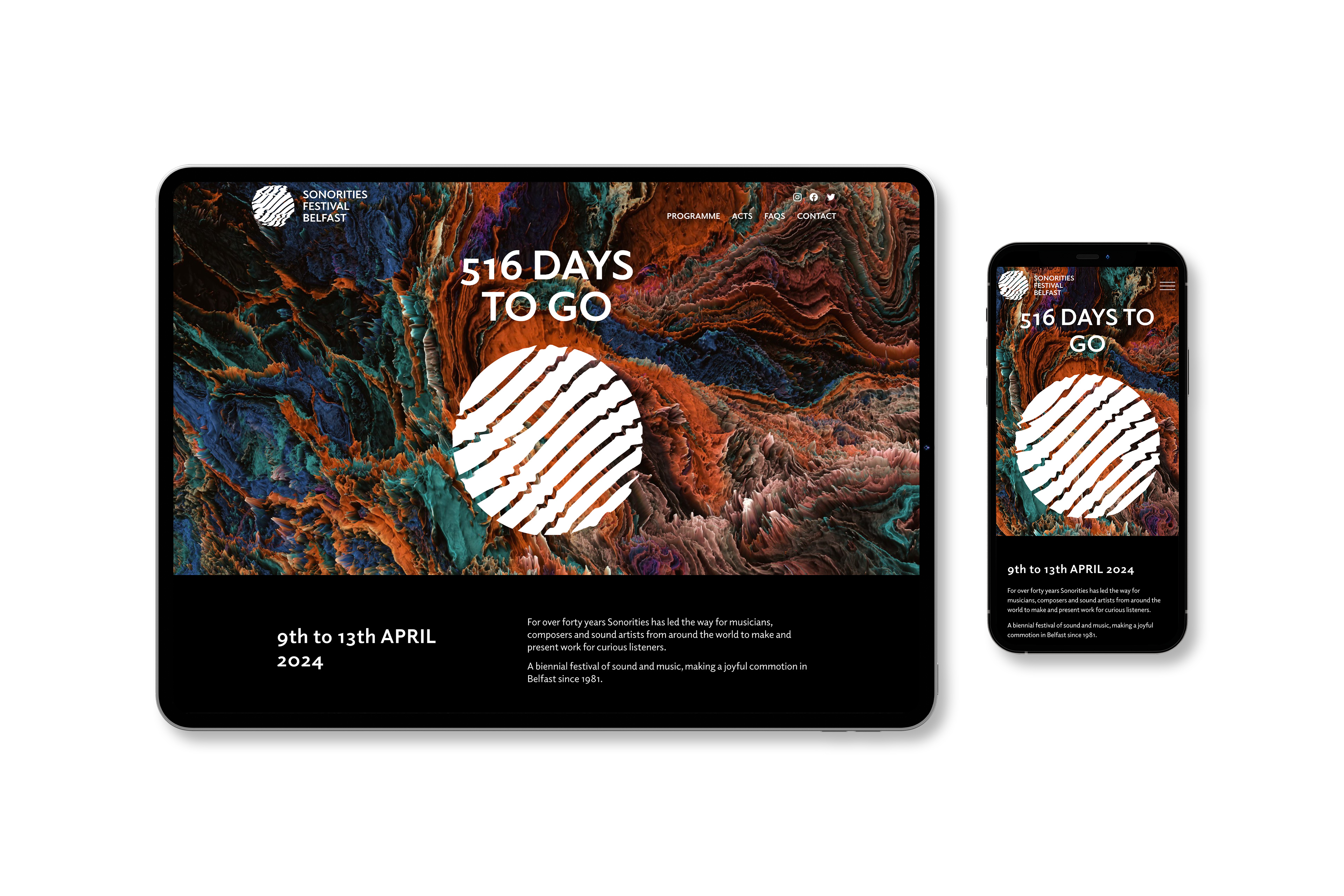 An iPad and iPhone with the Sonotities Festival 2022 homepage displayed on both.