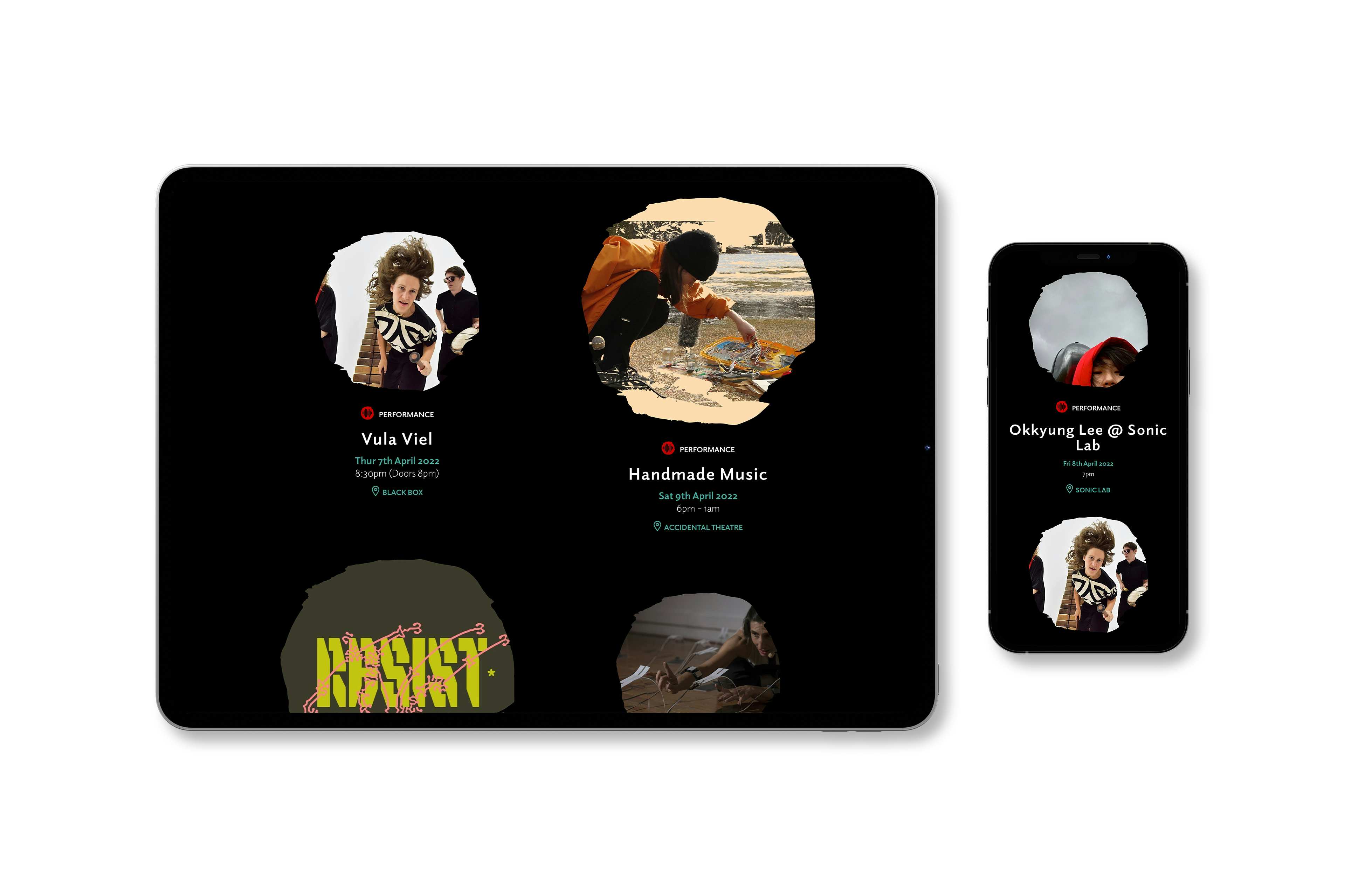 An iPad and iPhone with the Sonotities Festival 2022 artist listings displayed on both.