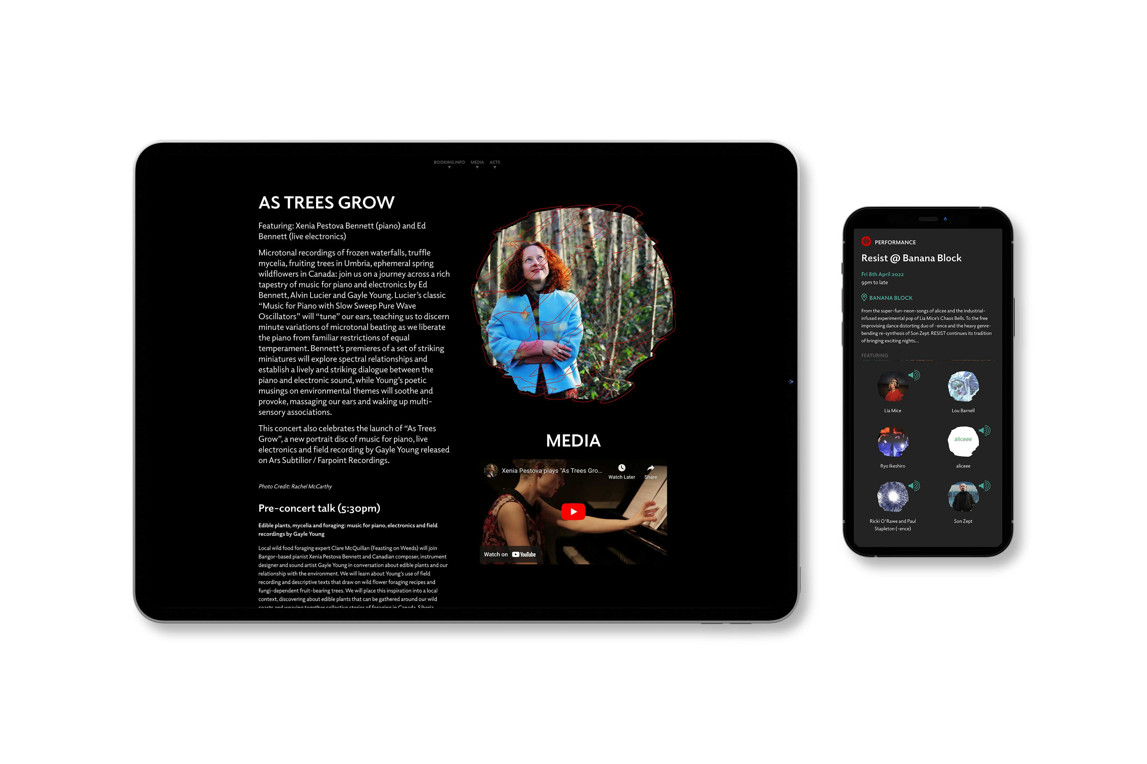 An iPad and iPhone with details of a festival gig displayed on both.