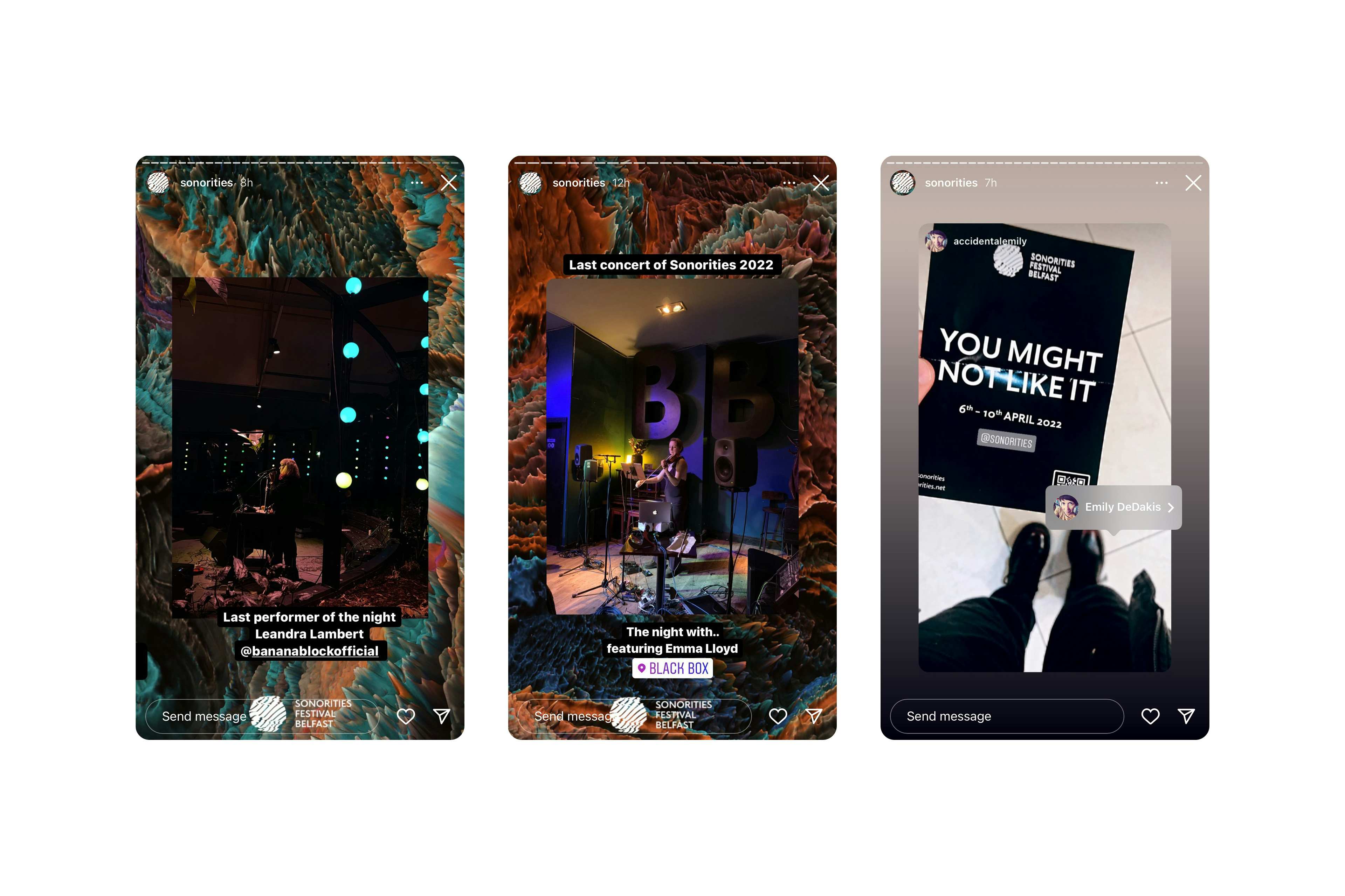 Screengrabs of three different Instagram Stories from the night of the 2022 Sonorities Festival in Belfast