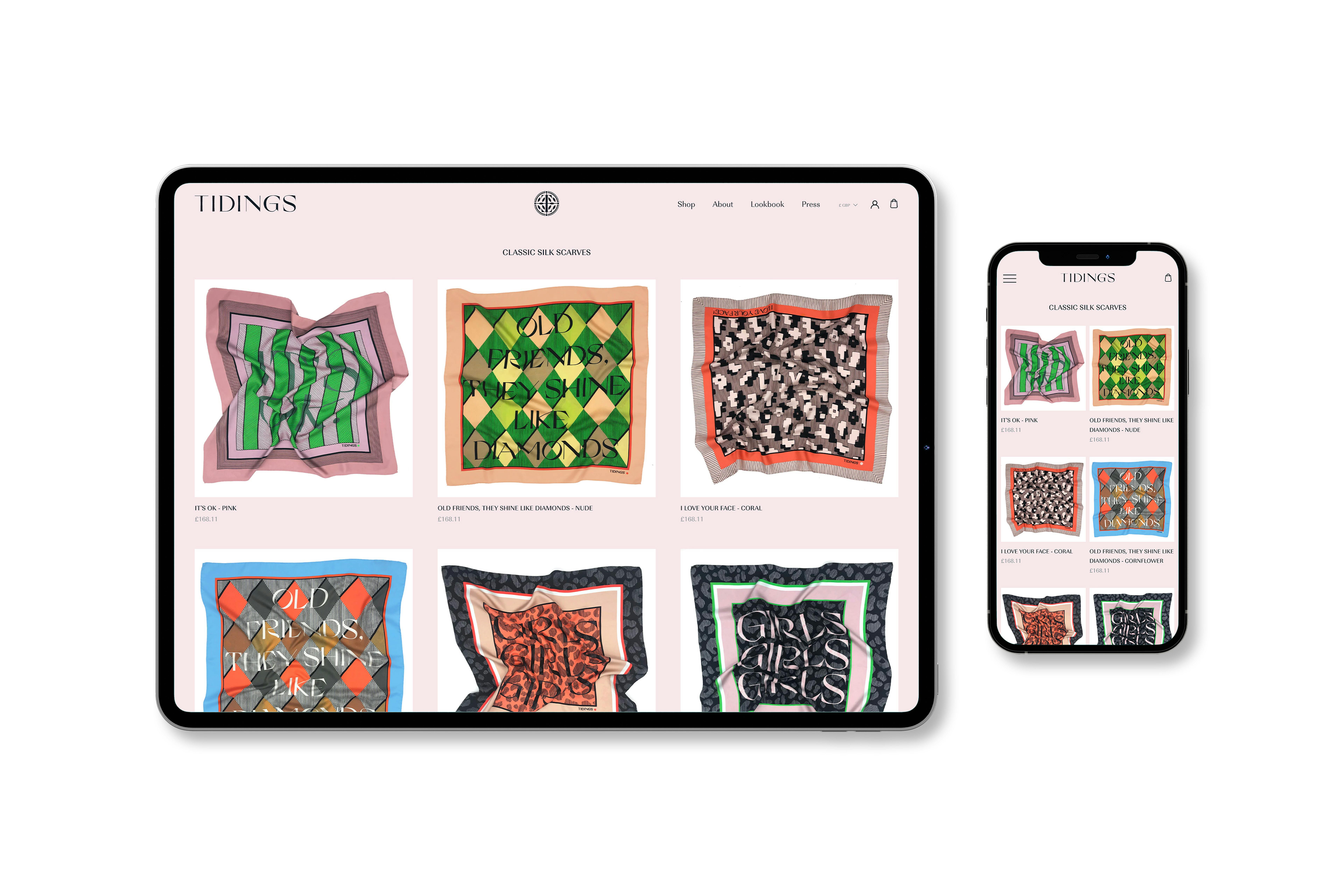 iPad and iPhone showing product pages from the Tidings web shop.