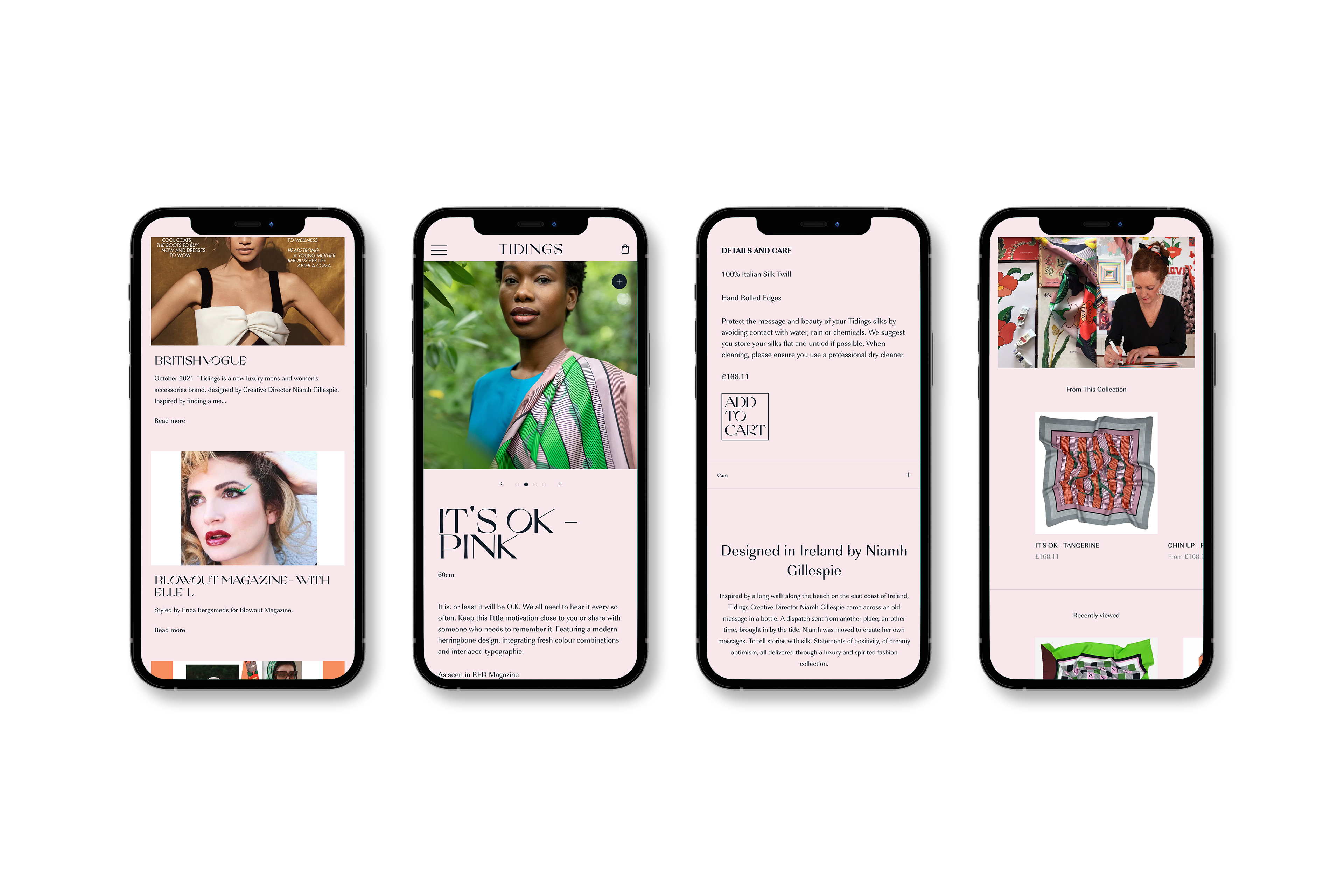 Four iPhones showing product pages from the Tidings web shop.