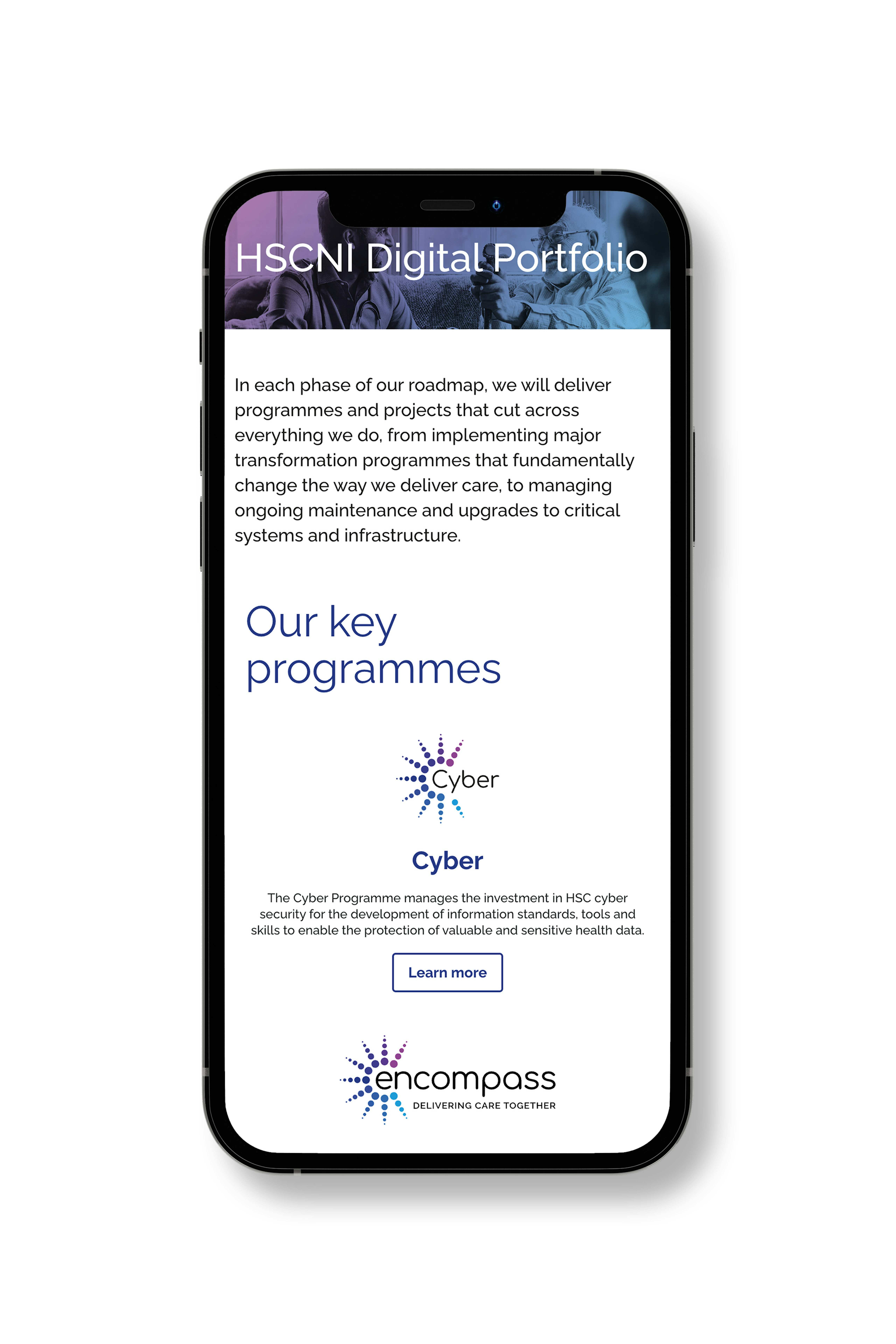 Key programmes page from the DHCNI website, displayed on an iPhone