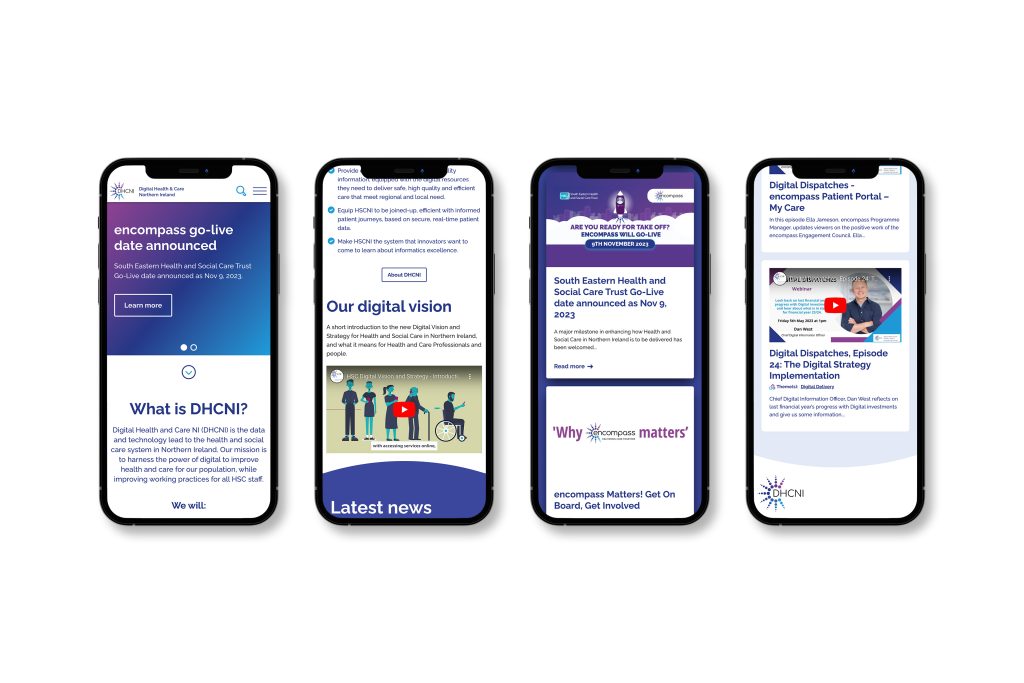 Four iPhones showing pages from the DHCNI website.
