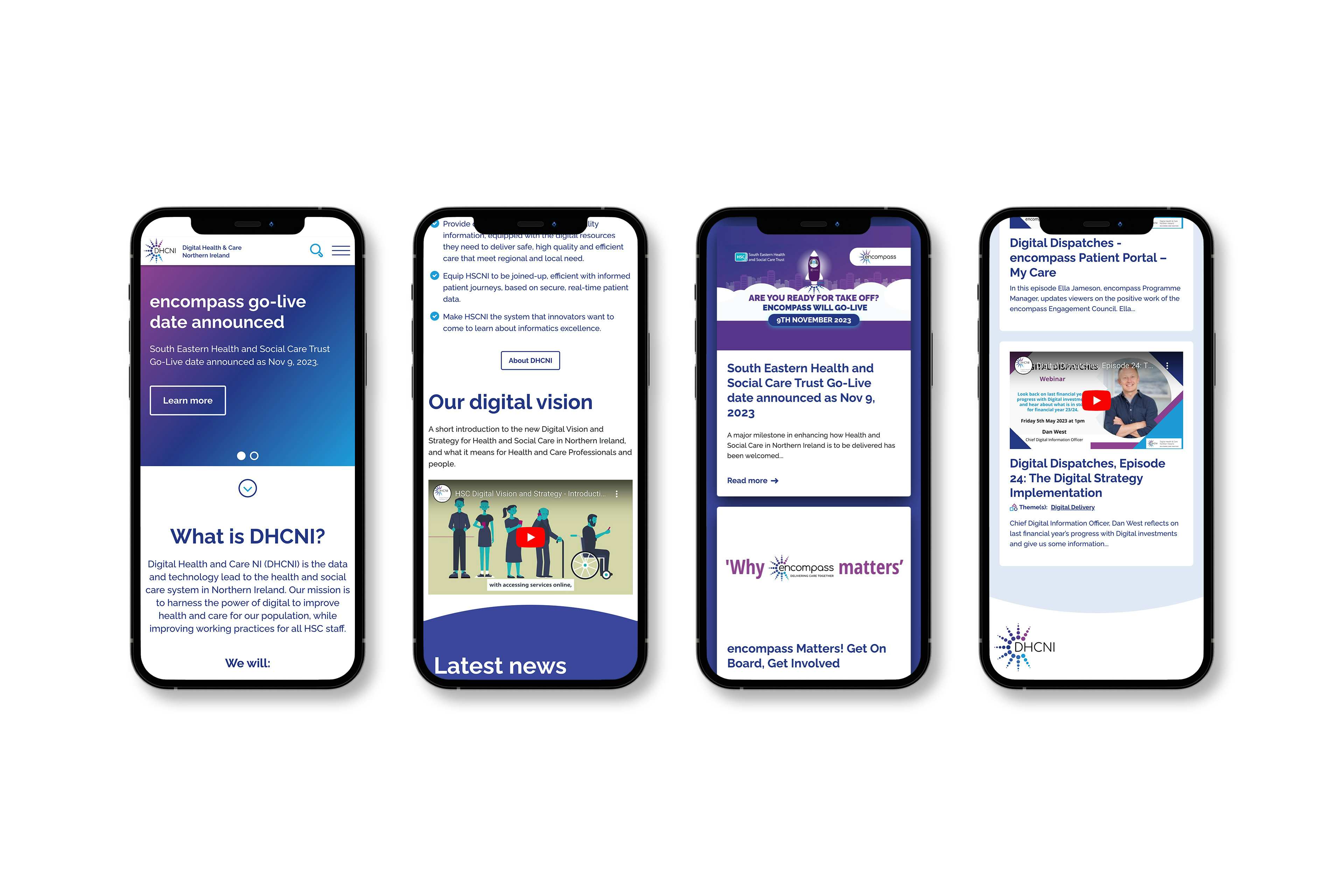 Four iPhones showing pages from the DHCNI website.