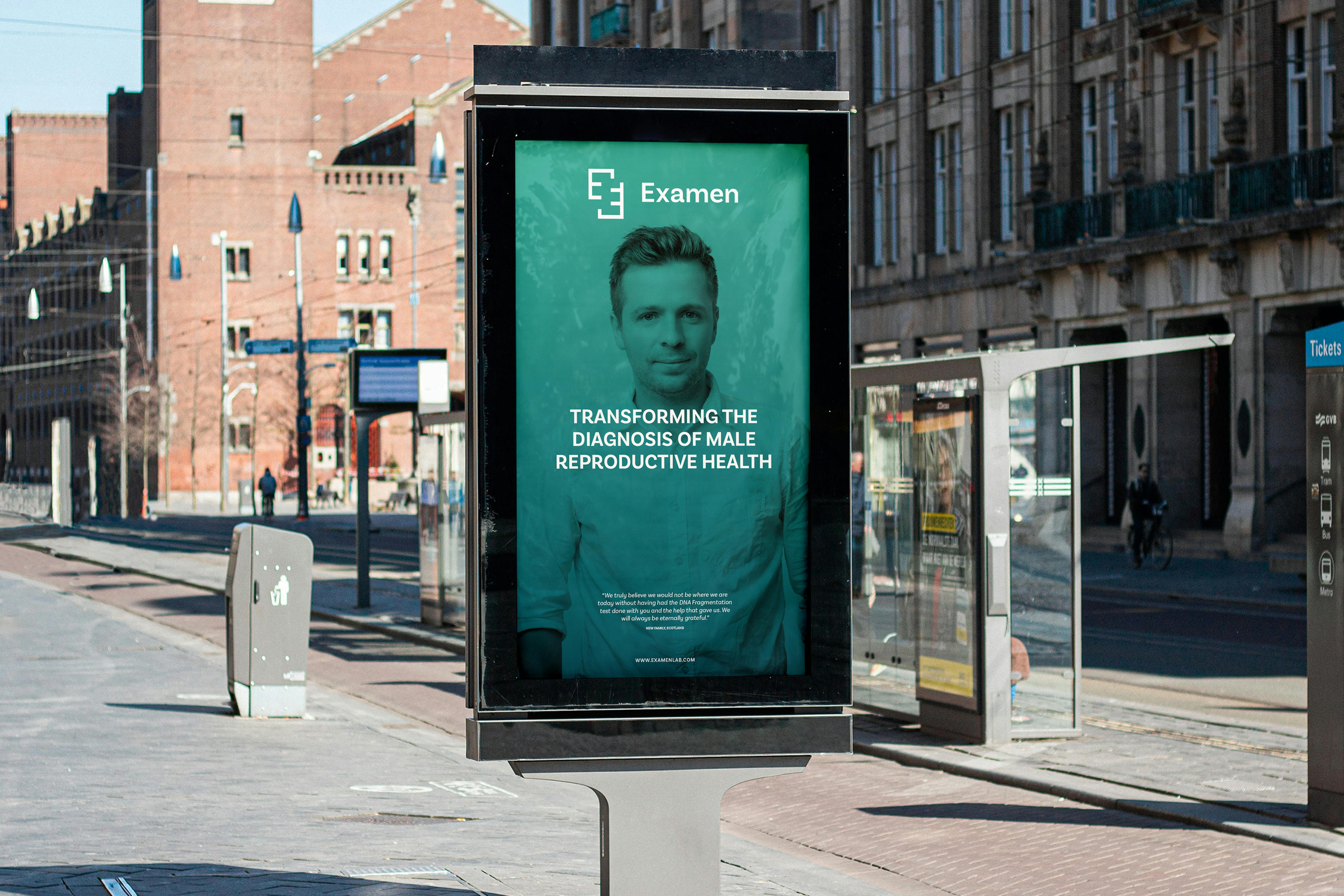 Street poster advertising Examen. Text reads "Transforming the diagnosis of male reproductive health".